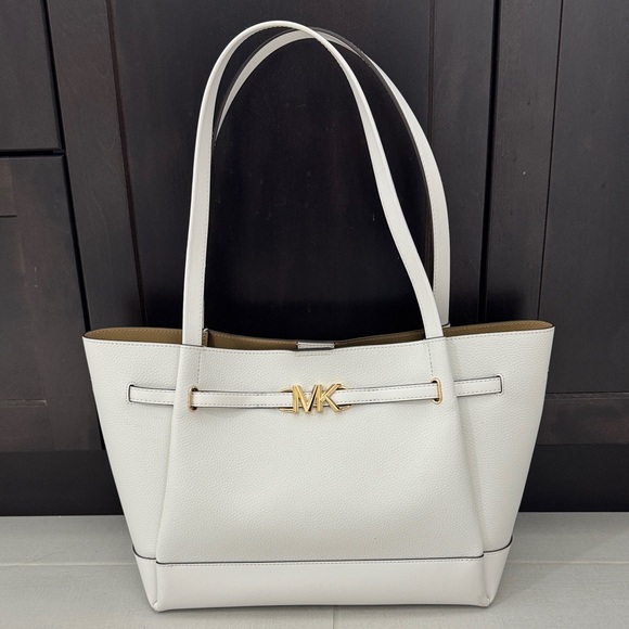 Michael Kors Handbags - Michael Kors Reed Large Leather Belted Tote Shoulder Purse Bag - Optic White